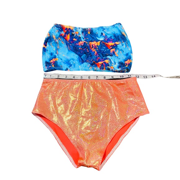 RaveAfterRave Blue Orange Tie Dye Tube Top, Holographic Bottoms, Choker Rave Set - Picture 4 of 5